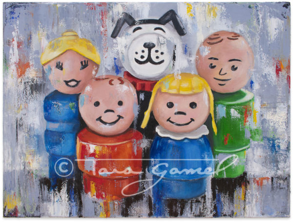 A Little Character Goes a Long Way 24x18 original oil on canvas. Classic People toys recreated in pop art style.