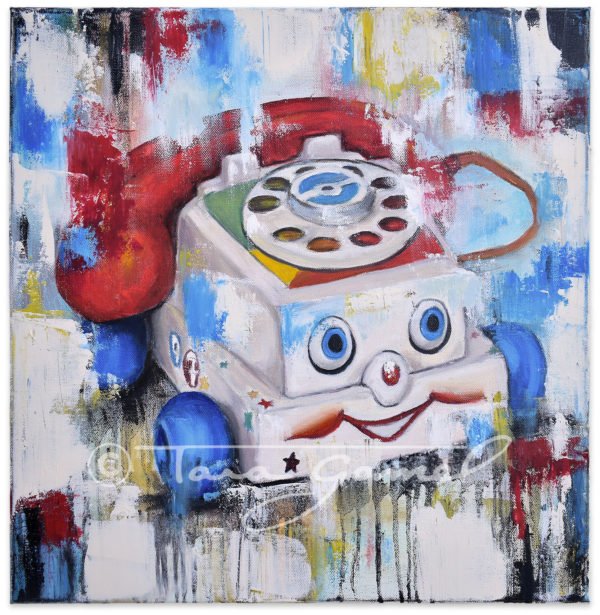 Eye Phone Recall 18x18 original oil on canvas. Classic Fisher Price phone toy recreated in pop art style.